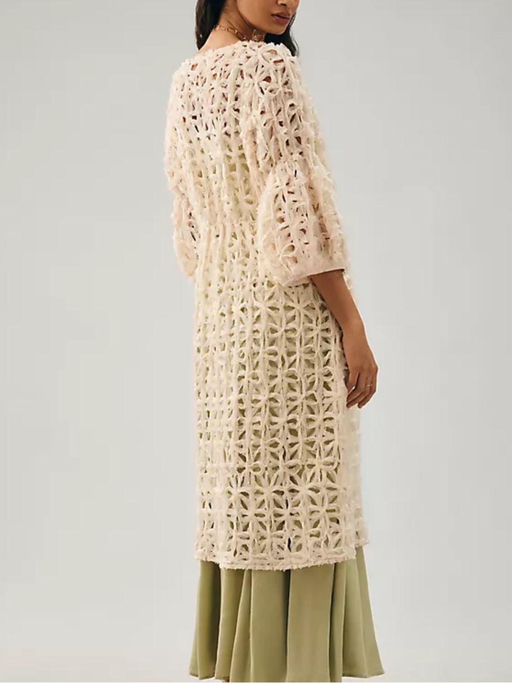 Anthropologie Cream Open-Stitch Cut-Out Duster